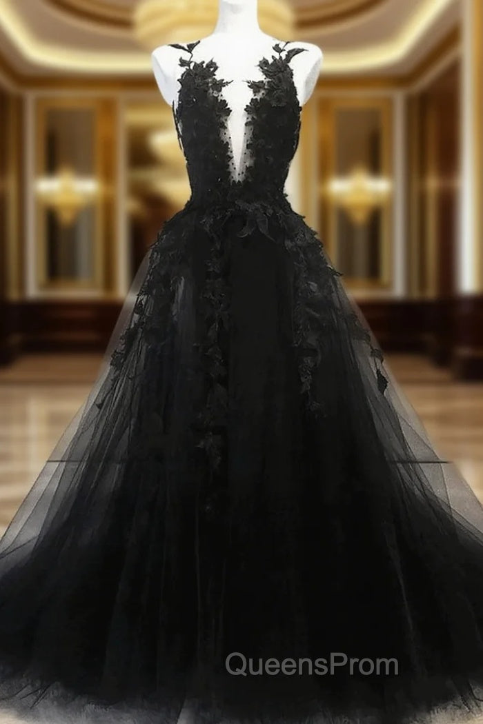 Black A-line Tulle with Lace Long Party Dress, Black Evening Dress Evening Prom Dress Main image