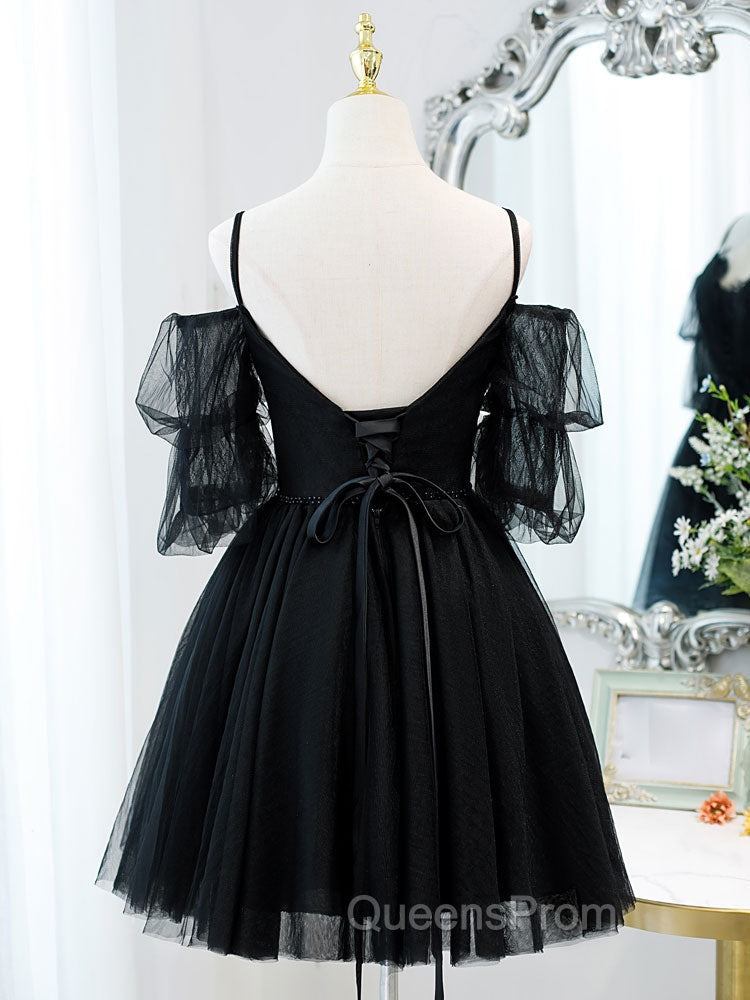 Black A line V Neck Lace Short/Mini Evening Prom Dress, Black Puffy Homecoming Dress Secondary image