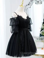 Black A line V Neck Lace Short/Mini Evening Prom Dress, Black Puffy Homecoming Dress