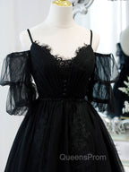 Black A line V Neck Lace Short/Mini Evening Prom Dress, Black Puffy Homecoming Dress