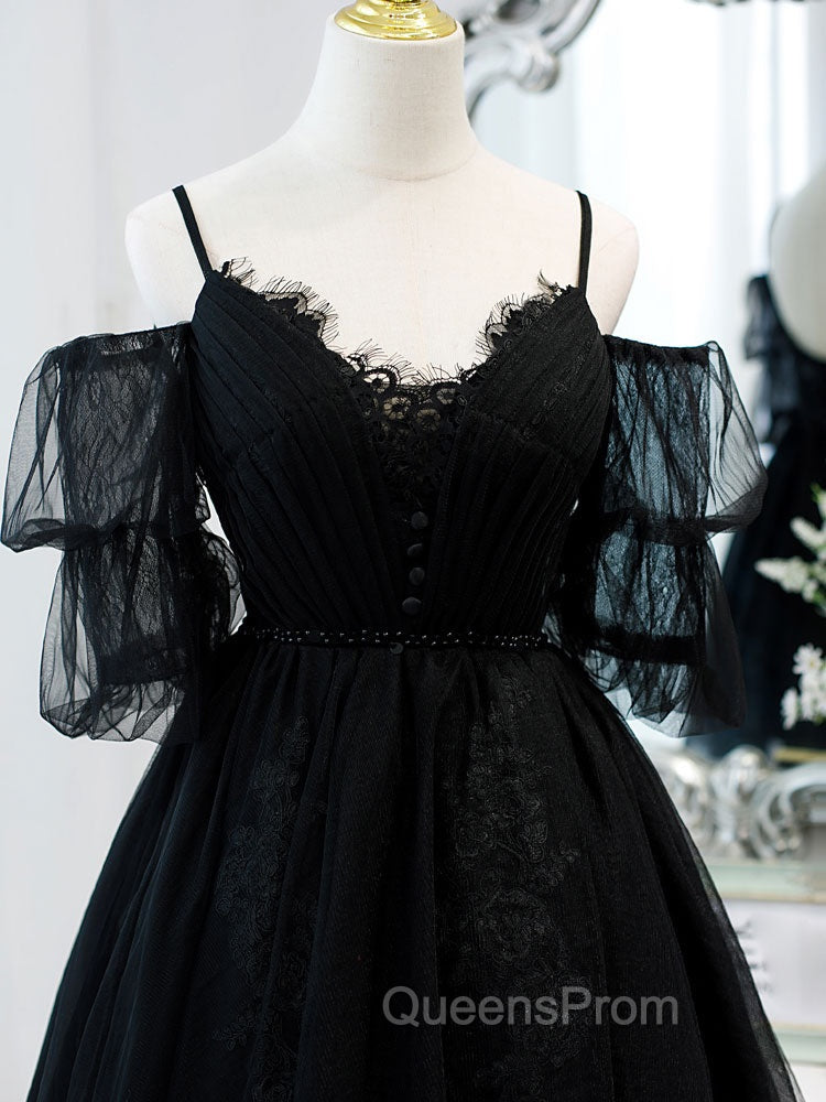 Black A line V Neck Lace Short/Mini Evening Prom Dress, Black Puffy Homecoming Dress