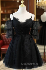 Black A line V Neck Lace Short/Mini Evening Prom Dress, Black Puffy Homecoming Dress