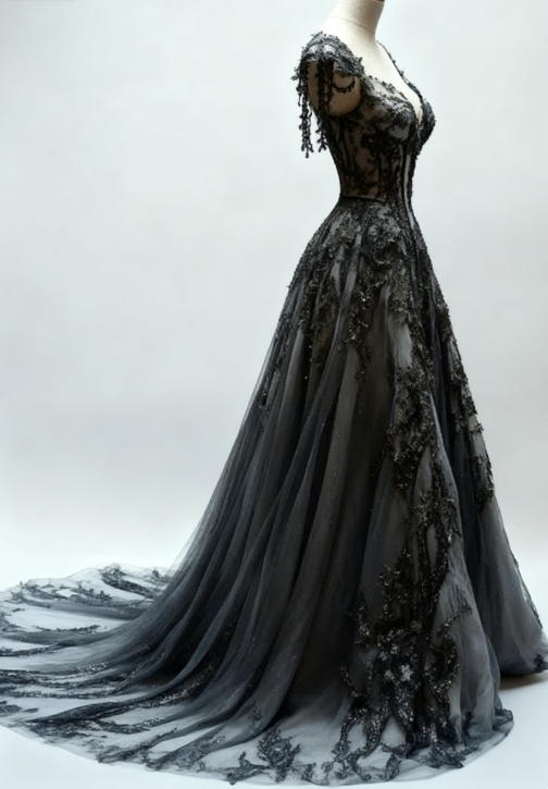 Black Appliques A-Line V-Neck Lace Tulle Sequin Long Classy Prom Dress, Dark Gray Classy Evening Gowns Secondary image