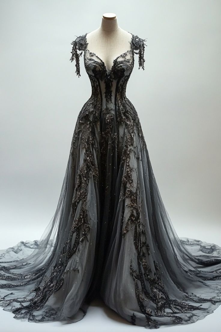 Black Appliques A-Line V-Neck Lace Tulle Sequin Long Classy Prom Dress, Dark Gray Classy Evening Gowns Main image