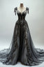 Black Appliques A-Line V-Neck Lace Tulle Sequin Long Classy Prom Dress, Dark Gray Classy Evening Gowns
