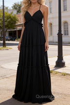 Black A-line V Neck Sleeveless Floor-Length Chiffon Prom Dress Long Prom Dresses Backless with Pleated Ruffles