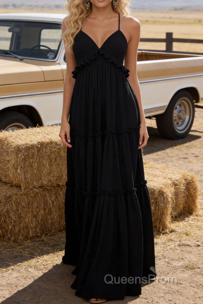 Black A-line V Neck Sleeveless Floor-Length Chiffon Prom Dress Long Prom Dresses Backless with Pleated Ruffles