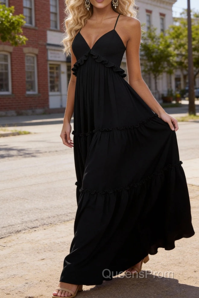 Black A-line V Neck Sleeveless Floor-Length Chiffon Prom Dress Long Prom Dresses Backless with Pleated Ruffles
