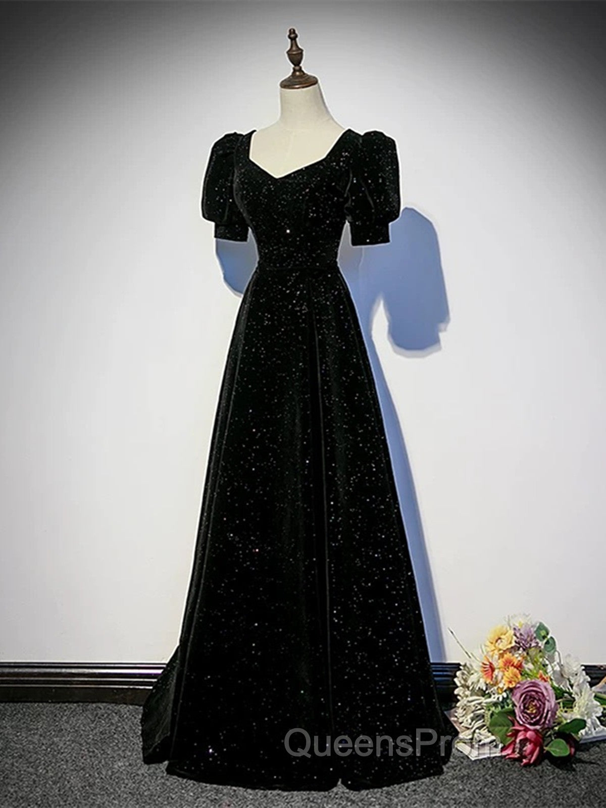 Black A-line Velvet Long Evening Prom Dress Party Dress, Black Short Sleeves Evening Prom Dress Secondary image