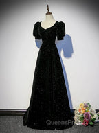 Black A-line Velvet Long Evening Prom Dress Party Dress, Black Short Sleeves Evening Prom Dress