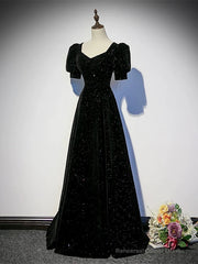Black A-line Velvet Long Prom Dress Party Dress, Black Short Sleeves Prom Dress