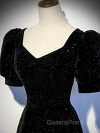 Black A-line Velvet Long Evening Prom Dress Party Dress, Black Short Sleeves Evening Prom Dress