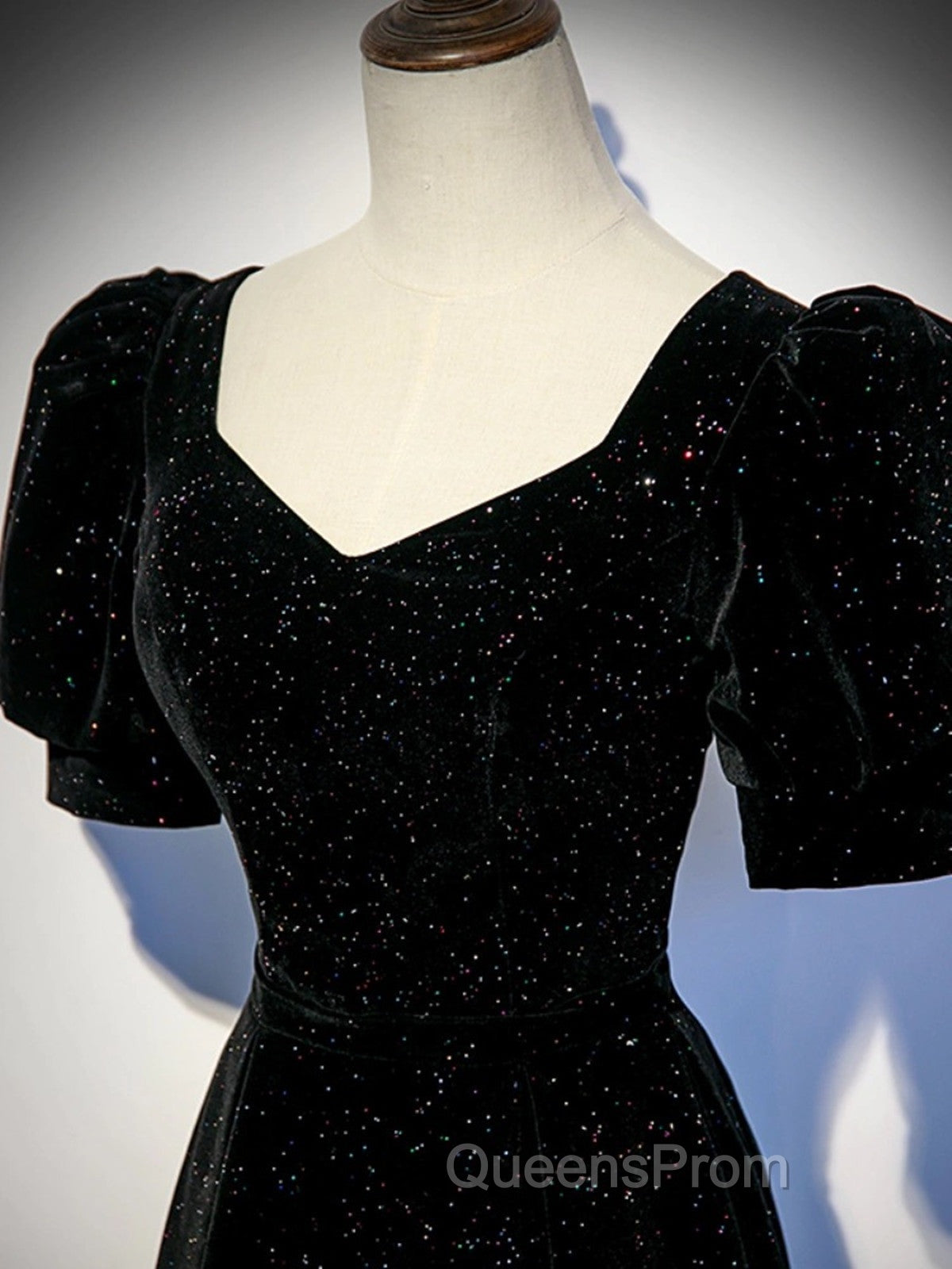 Black A-line Velvet Long Evening Prom Dress Party Dress, Black Short Sleeves Evening Prom Dress