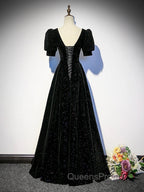 Black A-line Velvet Long Evening Prom Dress Party Dress, Black Short Sleeves Evening Prom Dress