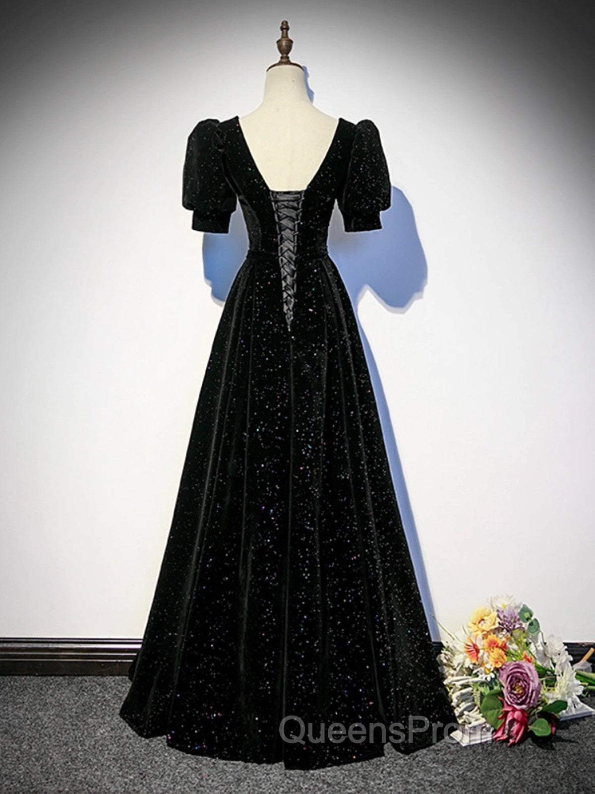 Black A-line Velvet Long Evening Prom Dress Party Dress, Black Short Sleeves Evening Prom Dress