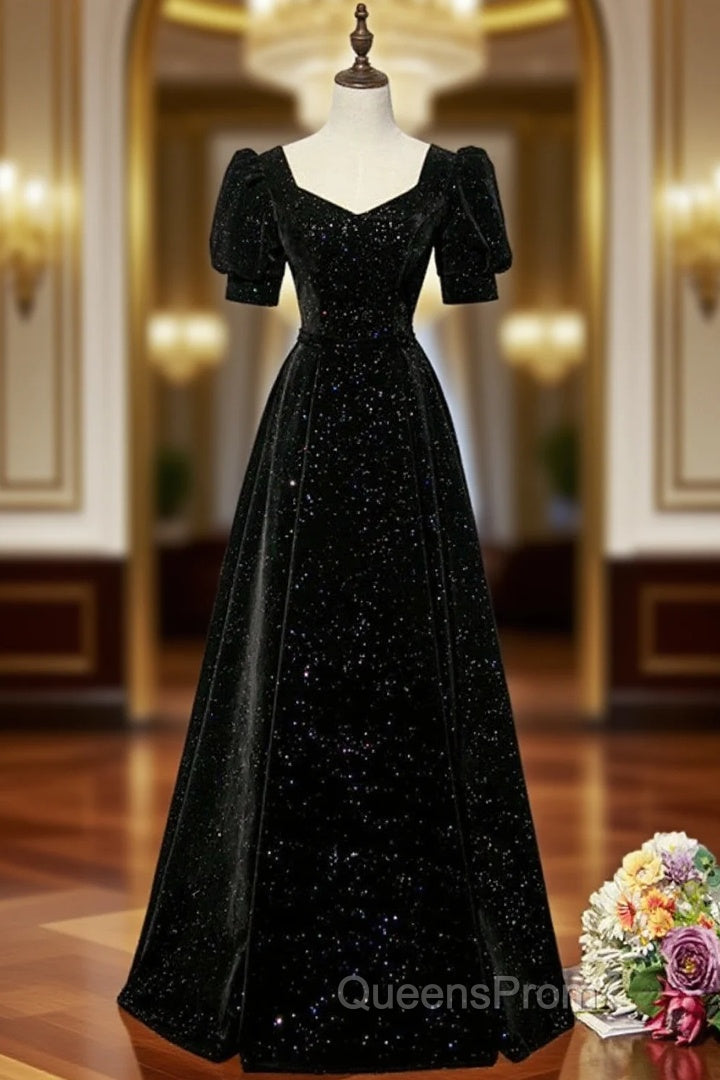 Black A-line Velvet Long Evening Prom Dress Party Dress, Black Short Sleeves Evening Prom Dress Main image