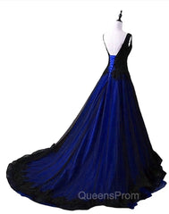 Black and Blue V-neckline Lace Applique Long Evening Dress, Black and Blue Evening Prom Dress