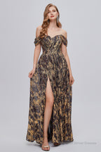 Black and Brown Floral Print Off-the-Shoulder A-Line Long Prom Dress