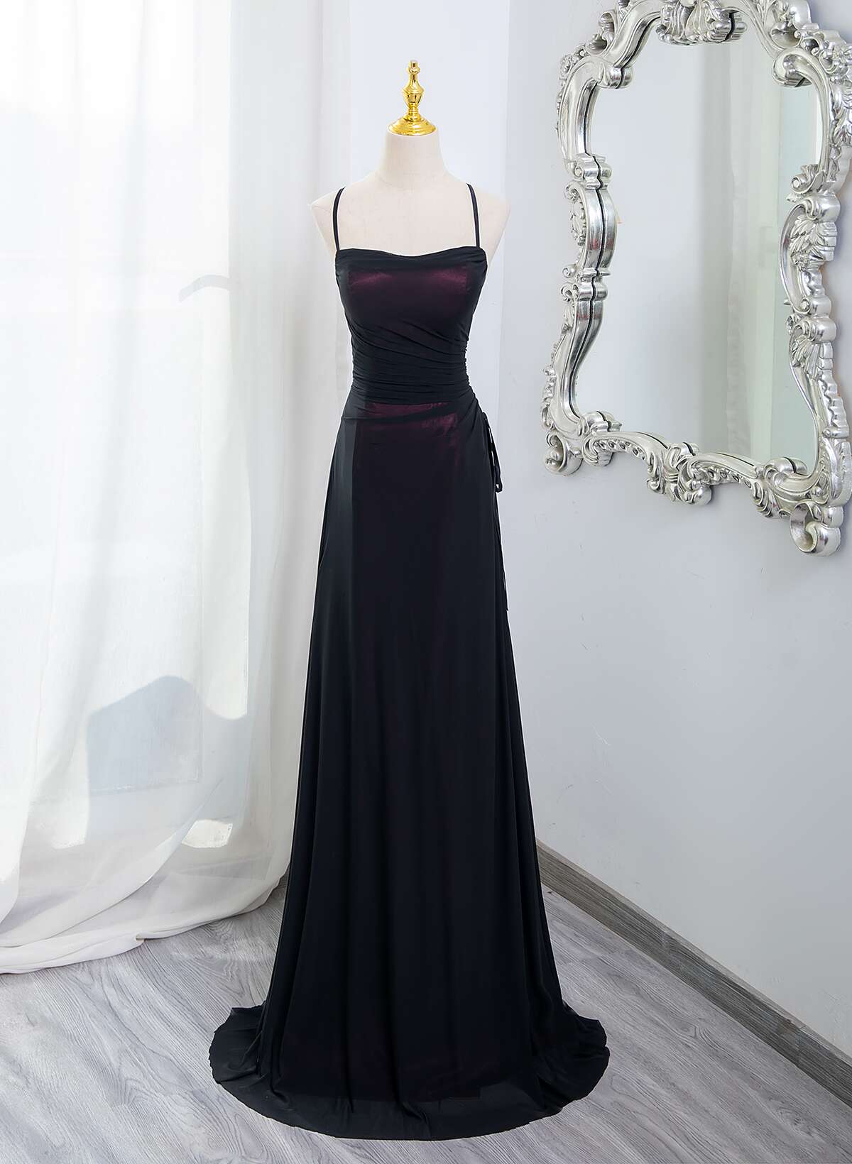 Black And Burgundy Scoop Straps Lace-Up Long Party Dress, Simple Long Classy Prom Dress