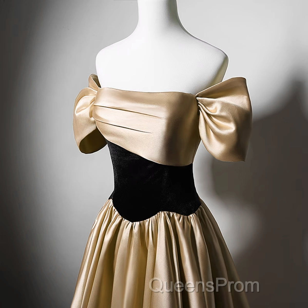 Black And Champagne Satin Long Party Dress, Off Shoulder Satin Evening Prom Dress Secondary image
