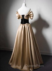 Black And Champagne Satin Long Party Dress, Off Shoulder Satin Evening Prom Dress