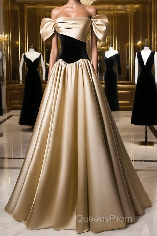 Black And Champagne Satin Long Party Dress, Off Shoulder Satin Evening Prom Dress Main image