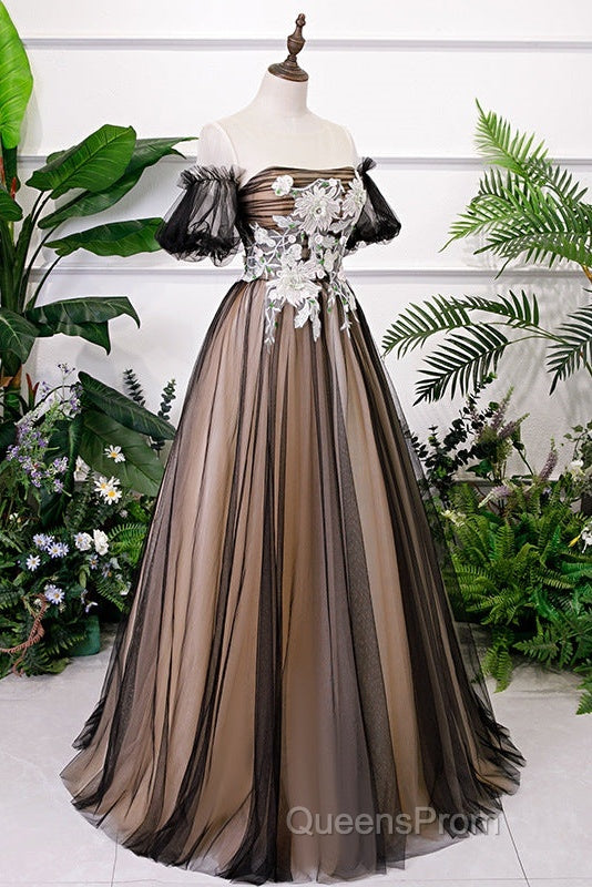 Black And Champagne Short Sleeves Tulle With Lace Party Dress, A-Line Floor Length Evening Prom Dress Secondary image