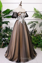 Black And Champagne Short Sleeves Tulle With Lace Party Dress, A-Line Floor Length Evening Prom Dress