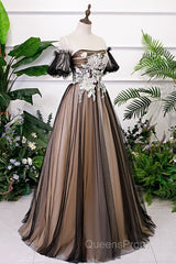 Black And Champagne Short Sleeves Tulle With Lace Party Dress, A-Line Floor Length Evening Prom Dress