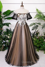 Black And Champagne Short Sleeves Tulle With Lace Party Dress, A-Line Floor Length Evening Prom Dress