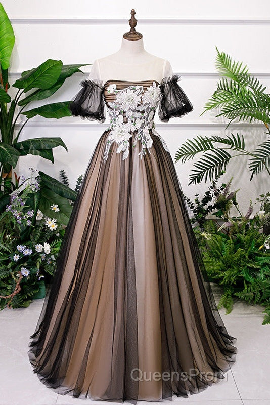 Black And Champagne Short Sleeves Tulle With Lace Party Dress, A-Line Floor Length Evening Prom Dress