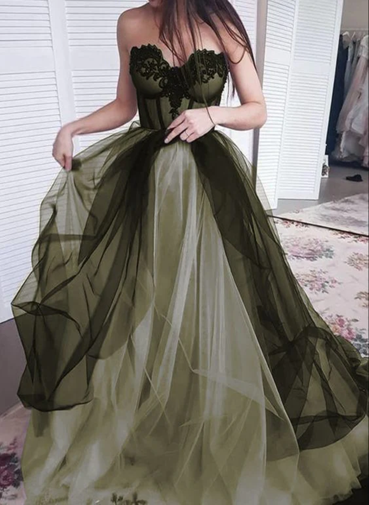 Black And Green Sweetheart Tulle With Lace Classy Dress, A-Line Lace-Up Classy Prom Dress