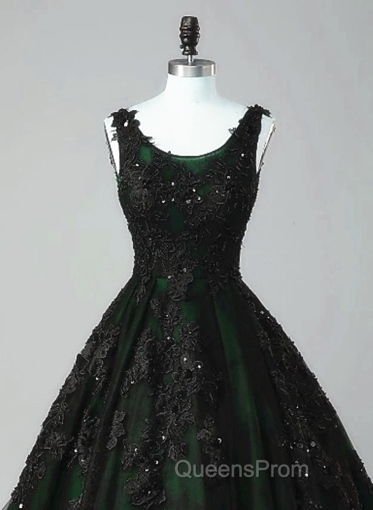 Black and Green Tulle with Lace Long Party Dress, A-line Low Back Evening Dress Secondary image