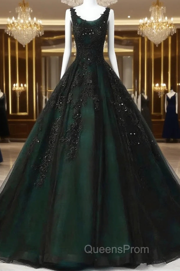 Black and Green Tulle with Lace Long Party Dress, A-line Low Back Evening Dress Main image