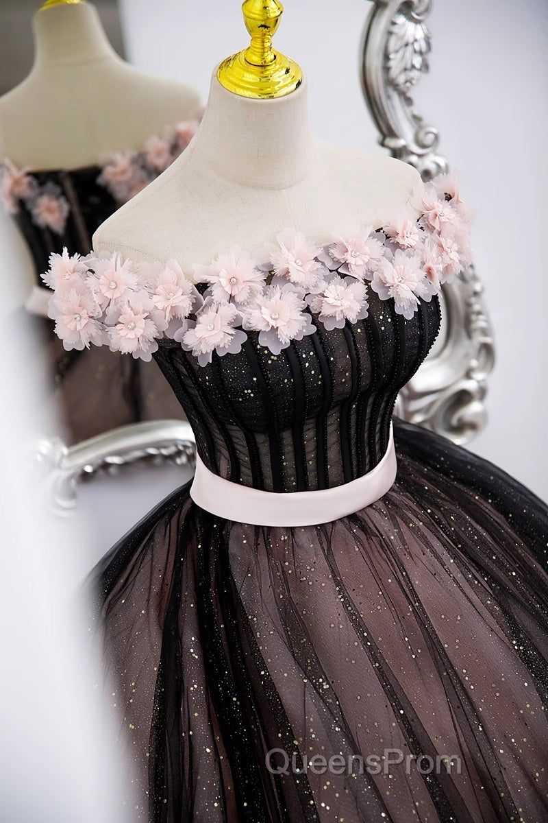 Black And Pink Tulle With Flowers Off Shoulder Party Dress, Tulle Sweet 16 Dress Secondary image