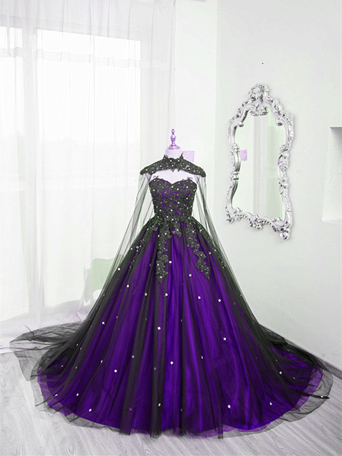 Black And Purple Beaded Tulle Ball Gown Sweet 16 Dress, Black And Purple Party Dress With Cap Main image