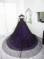Black And Purple Beaded Tulle Ball Gown Sweet 16 Dress, Black And Purple Party Dress With Cap