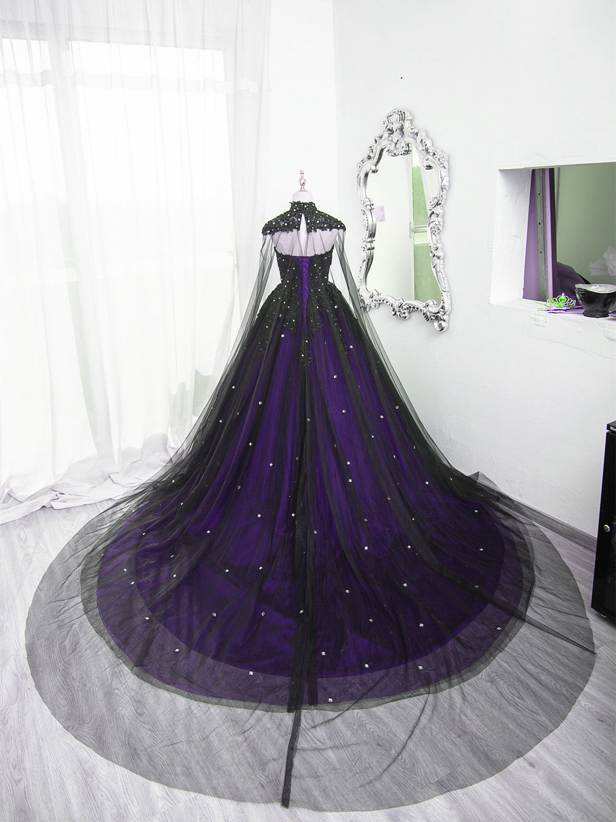 Black And Purple Beaded Tulle Ball Gown Sweet 16 Dress, Black And Purple Party Dress With Cap