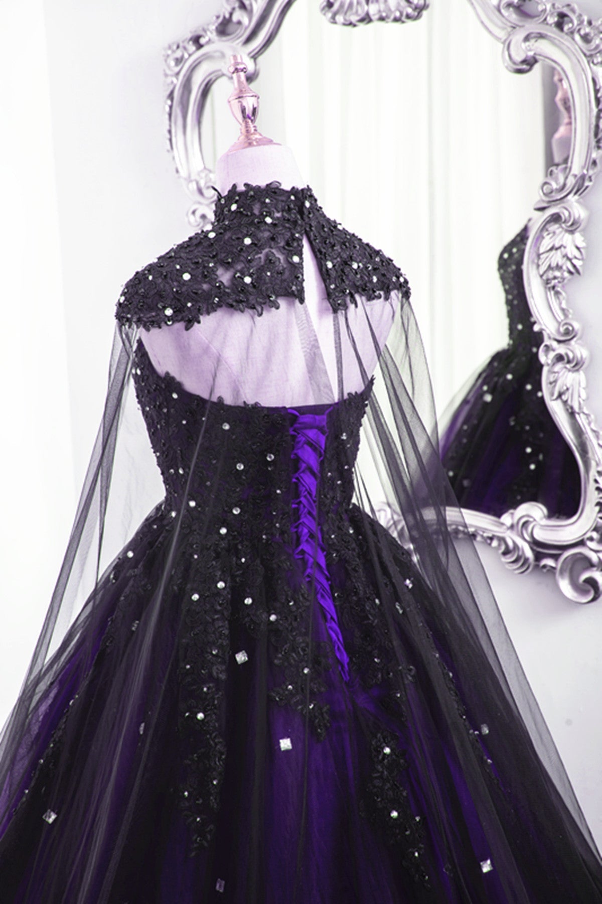 Black And Purple Beaded Tulle Ball Gown Sweet 16 Dress, Black And Purple Party Dress With Cap