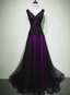 Black And Purple Tulle V-Neckline Beaded Classy Prom Dress, Long Tulle Classy Dress Classy Evening Dress