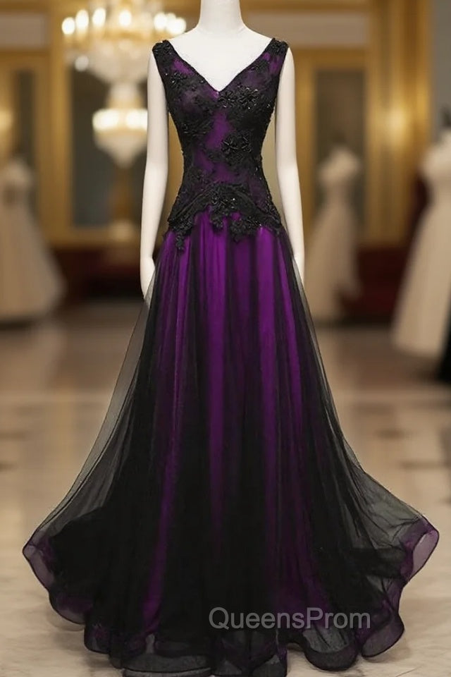 Black and Purple V-neckline A-line Evening Prom Dress, Tulle with Lace Party Dress Main image