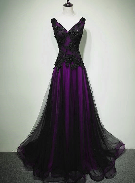 Black And Purple V-Neckline A-Line Classy Prom Dress, Tulle With Lace Party Dress
