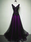 Black And Purple V-Neckline A-Line Classy Prom Dress, Tulle With Lace Party Dress