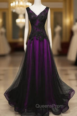 Black and Purple V-neckline A-line Evening Prom Dress, Tulle with Lace Party Dress
