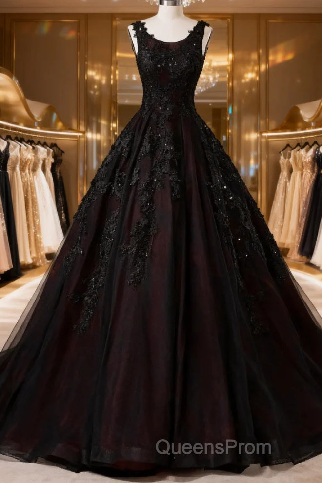 Black And Red Backless Tulle Long Formal Gown, Black And Red Long Evening Prom Dress Main image