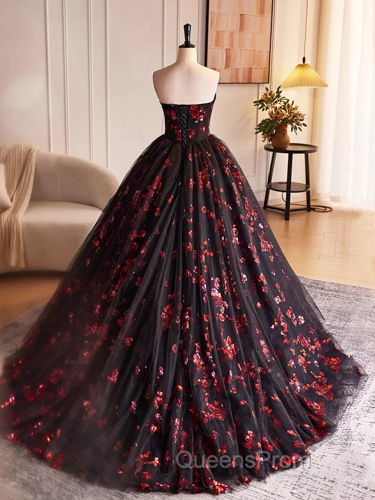 Black and Red Floral Tulle Long Party Dress, Strapless Evening Sweet 16 Dress Secondary image