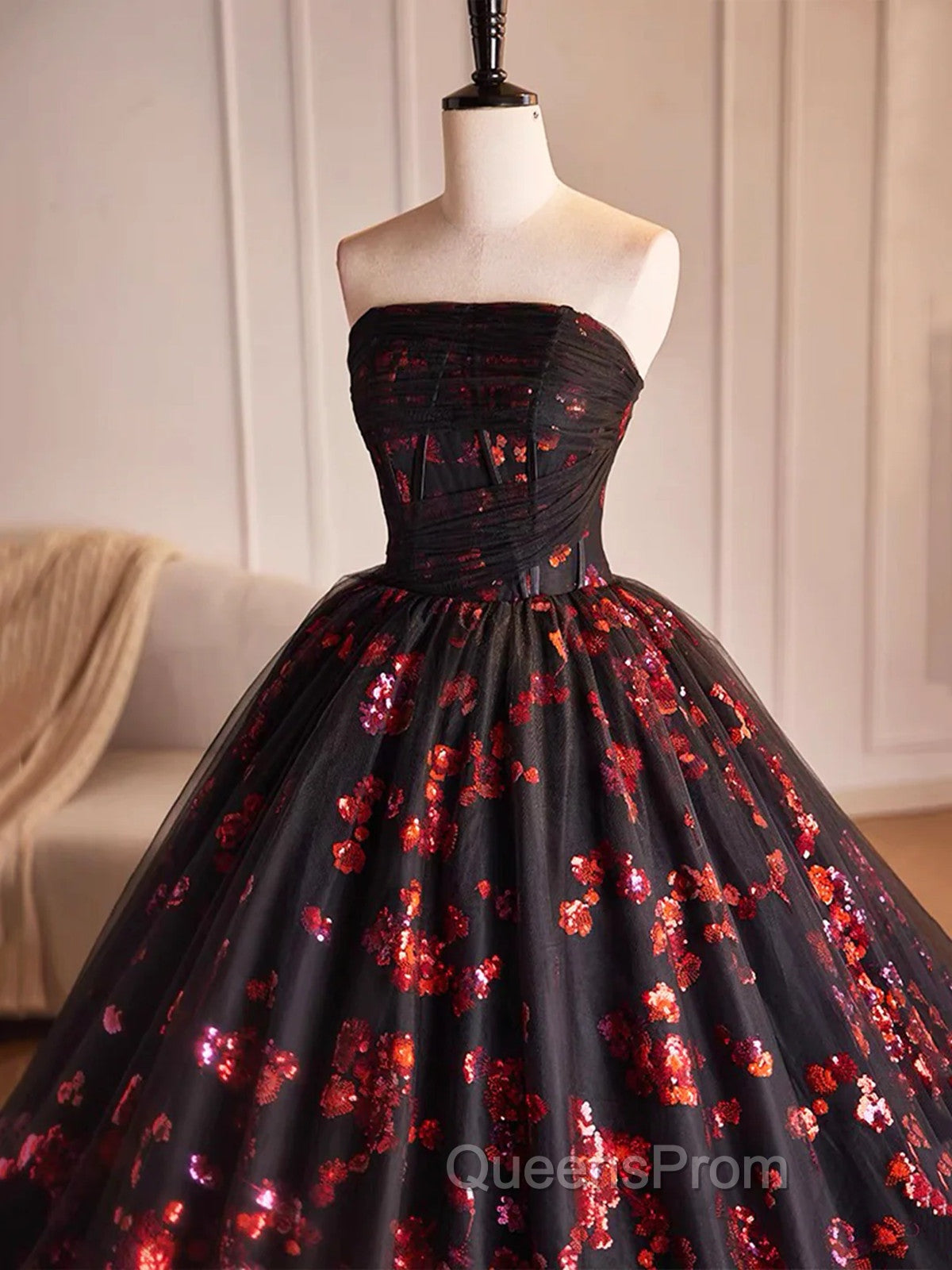 Black and Red Floral Tulle Long Party Dress, Strapless Evening Sweet 16 Dress
