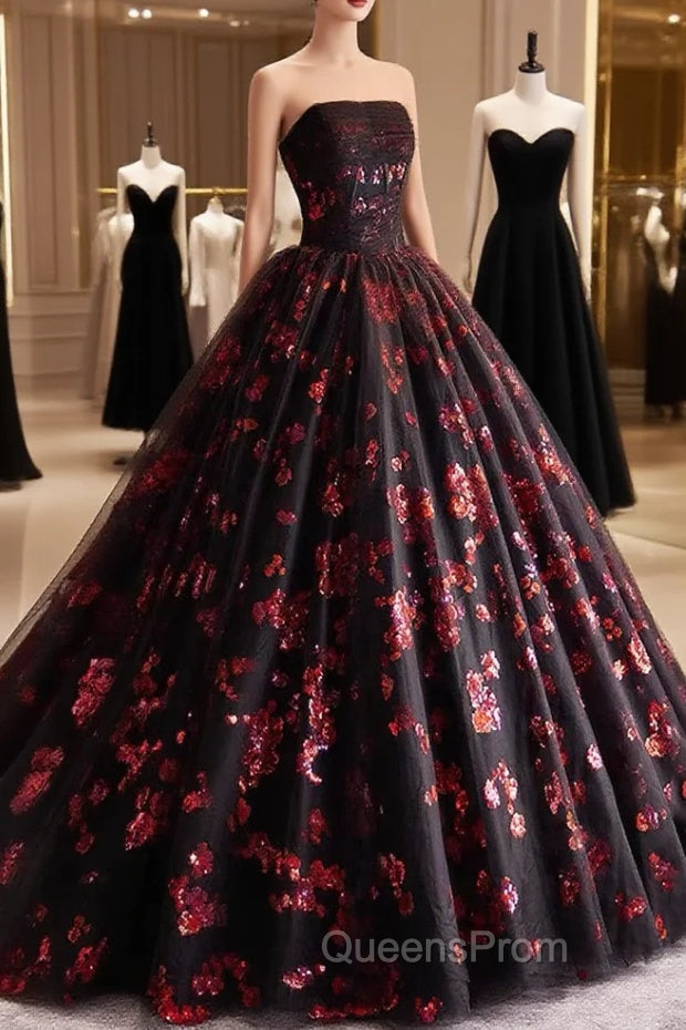 Black and Red Floral Tulle Long Party Dress, Strapless Evening Sweet 16 Dress Main image