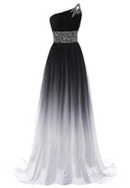 Black And Red Gradient Chiffon One Shoulder Beaded Party Dress, Cute Junior Evening Prom Dress