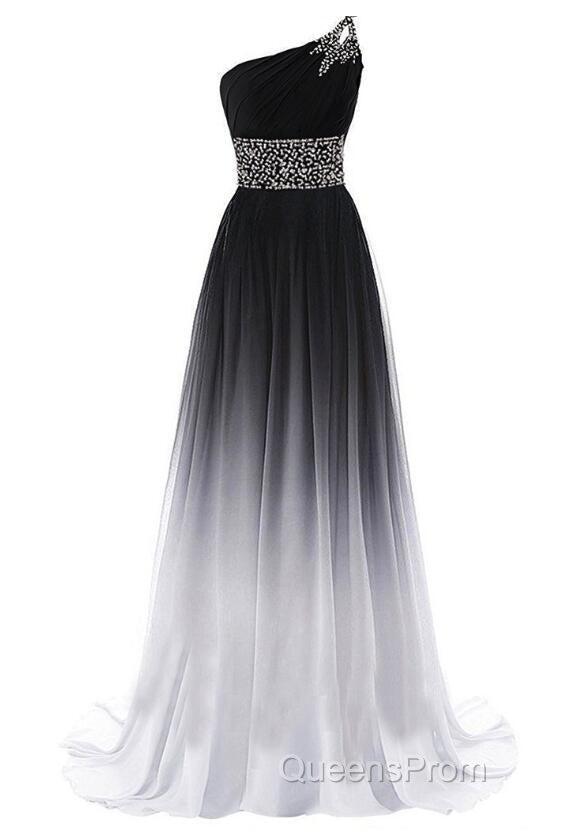 Black And Red Gradient Chiffon One Shoulder Beaded Party Dress, Cute Junior Evening Prom Dress